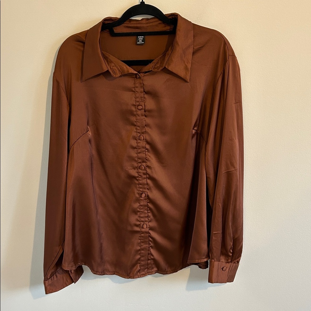 Plus - Brown Satin Button Down Women's Top - 3X